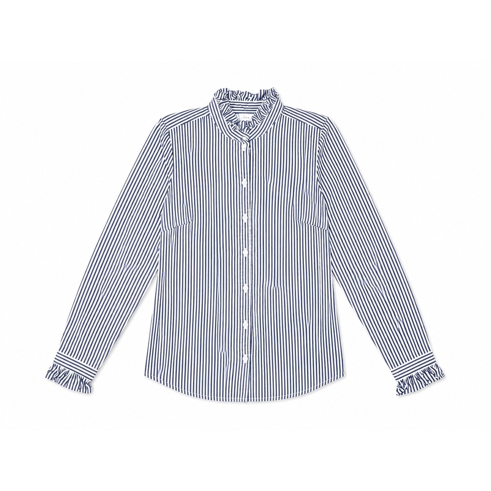 J.Crew Blue White Striped Ruffle Collar Button Front Shirt XS Stretch Cotton